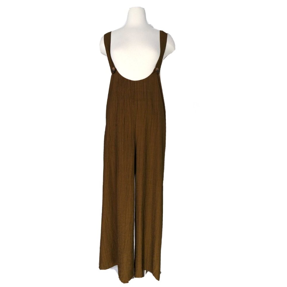 ZARA DIRTY OLIVE CRINKLE TEXTURED FABRIC WIDE LEG JUMPSUIT